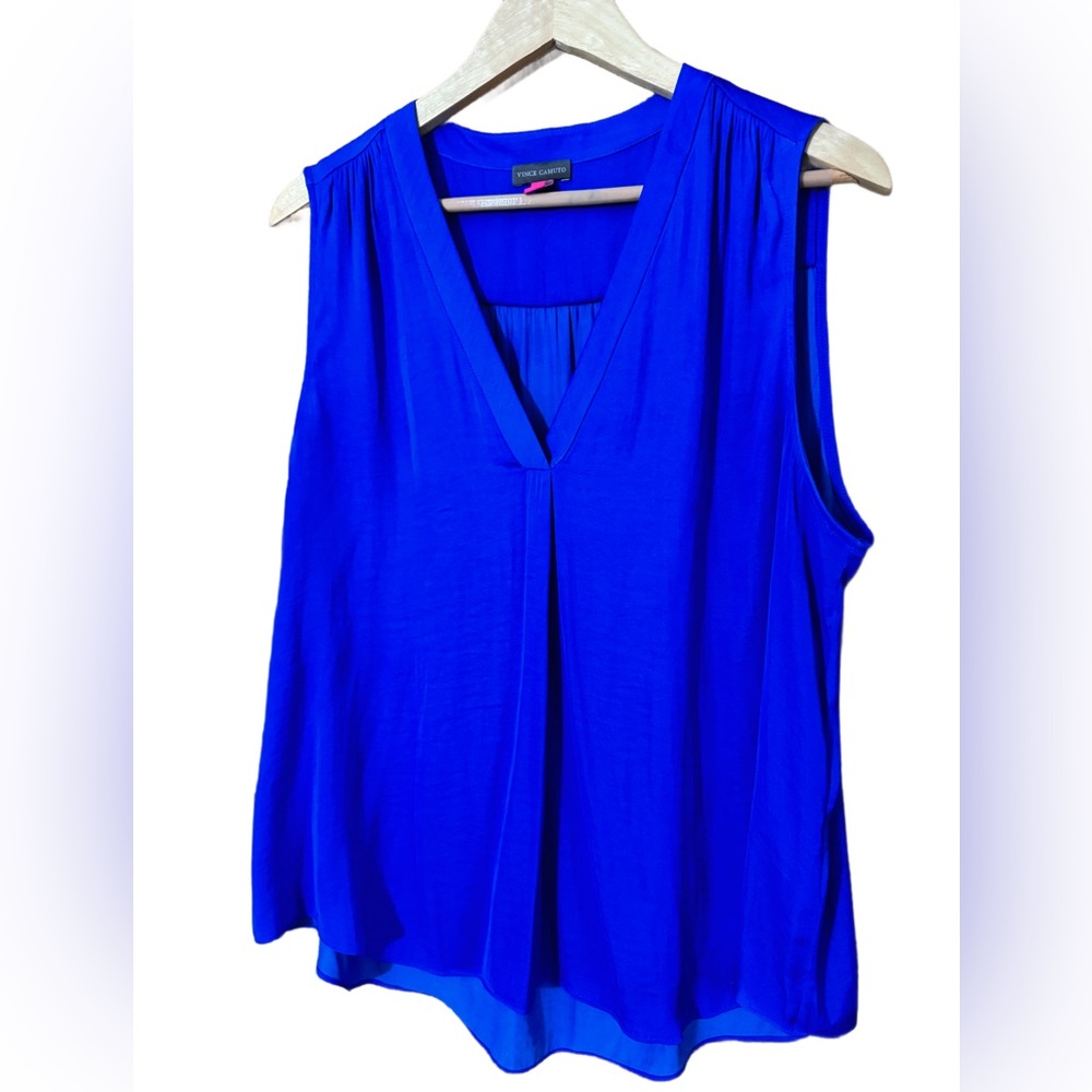 Vince Camuto Royal Blue V-Neck Rumple Satin Blouse